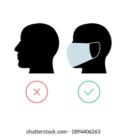 Men head with protective mask. No entry without face mask icon. Coronavirus concept. Vector isolated on white.