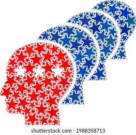 Men heads collage of stars in variable sizes and color tinges. Men heads illustration uses American official blue and red colors of Democratic and Republican political parties, and star shapes.