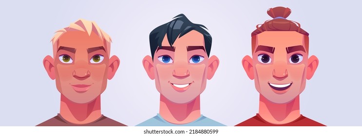 Men heads with different hairstyles. Handsome male characters avatars. Vector cartoon illustration of person portraits, guys faces with short blond hair, quiff and bun