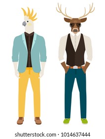 Men with the heads of parrot and deer in casual clothes. Antropomorphic vector icons set