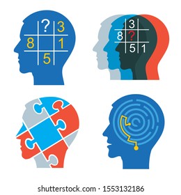 

Men heads with sudoku, puzzle and maze.
Four stylized male head silhouettes. Concept for psychological tests. Vector available.