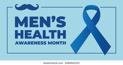 Afiche del mes de concienciación sobre la salud masculina o Anuncio de cinta azul. Vector sin afeitar símbolo de solidaridad social contra la campaña de Movember por el cáncer de próstata. Tiene lugar en junio