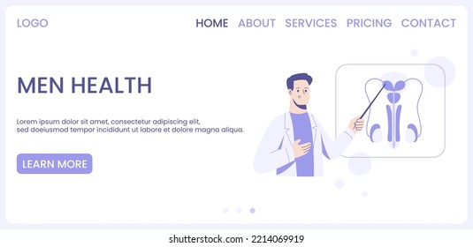 Men health concept web banner or landing page. Doctor works on investigation of a male reproductive system. Urologist checks male organs. Vector flat illustration