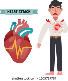 Men with Heart disease Infographic Heart attack risk factors for medical Template Design. Symptoms of heart disease with prevention. vector flat icons cartoon design eps10 illustration.