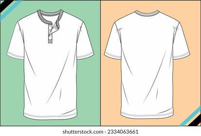 MEN HENLEY NECK T SHIRT SHORT SLEEVE SKETCH FASHION TEMPLATE TECHNICAL DRAWING ILLUSTRATION