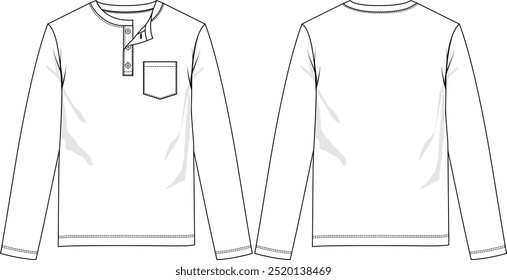 Men henley top crew neck with buttoned placket, long sleeve with regular hem, chest pocket, front and back view, vector sketches