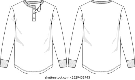 Men henley top crew neck curved hem with buttoned placket, long sleeves, front and back view, vector sketches