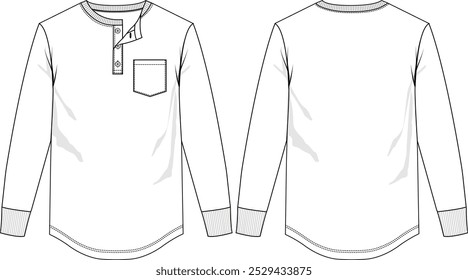 Hombres henley top cuello redondo con dobladillo curvo, bolsillo en el pecho, tapeta abotonada, manga larga con puño de costilla, vista frontal y trasera, bocetos de Vector