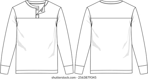 Men henley top crew neck with 2 buttons placket, long sleeve with rib cuff, yoke at front and back, front and back view, vector sketches