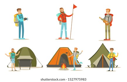 Men Hiking with Backpacks on Vacation Set, Tourist Tents, Backpackers Spending Time at Summer Camp Vector Illustration