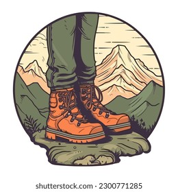 Men hiking in nature, wearing hiking boots icon isolated