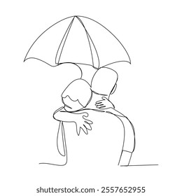A men with his child Happy Father's day continuous line drawing vector illustration, One single line drawing of young dad carrying his sleepy son hold robot toy vector illustration. Happy father's day