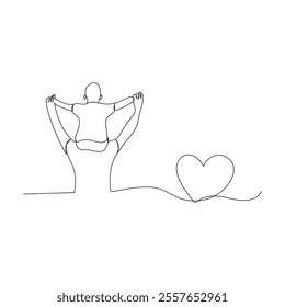 A men with his child Happy Father's day continuous line drawing vector illustration, One single line drawing of young dad carrying his sleepy son hold robot toy vector illustration. Happy father's day