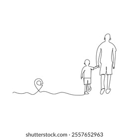 A men with his child Happy Father's day continuous line drawing vector illustration, One single line drawing of young dad carrying his sleepy son hold robot toy vector illustration. Happy father's day