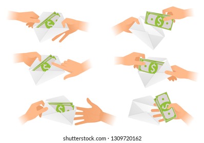 Men hold and give the envelope with paper money. The wages, salary, payment, corruption concept set. Flat vector illustration of human hands holding and taking out of the envelope cash dollars.