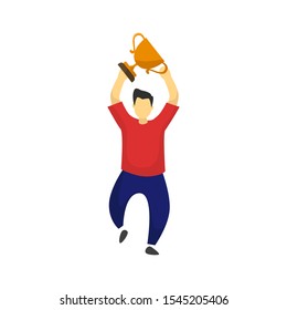 Men hold up the gold Trophy with two hands. Vector User interface illustration
