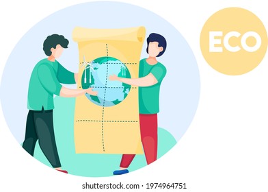 Men hold poster about alternative sources of energy, solar panels, wind turbine. Green electricity production. Creation of environmentally friendly energy. People are planning to create electricity