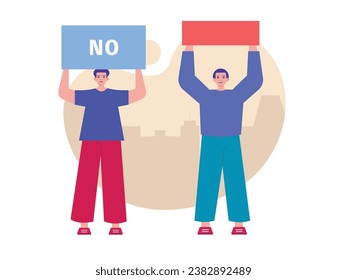 Men hold signs for street demonstrations, disagreeing with political opinions in their country. Design character. Vector flat illustration