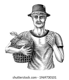 Los hombres que sostienen cestas de fruta de cacao dibujan un estilo de grabado de color negro y blanco con dibujos aislados en fondo blanco