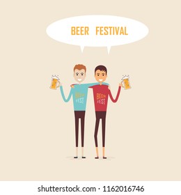 Men holding the beer mugs.Party celebration.Beer festival.Happy best friends meeting.Happy couple icon with beer mugs.Friendly hug.Friendship concept and beer festival.Vector illustration.