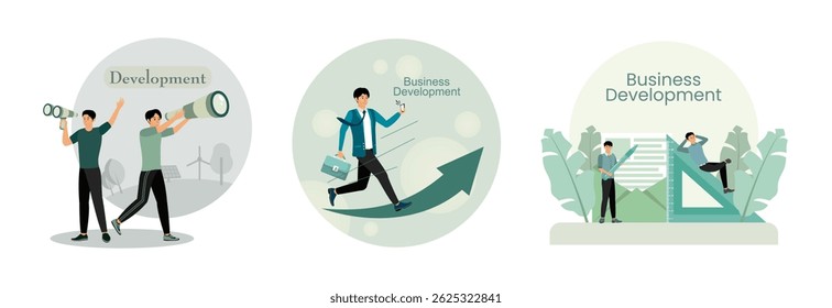 Men holding binoculars, symbolizing progress and exploration amidst development.  Businessman walking on the growth arrow. Teamwork for the development of new business directions.