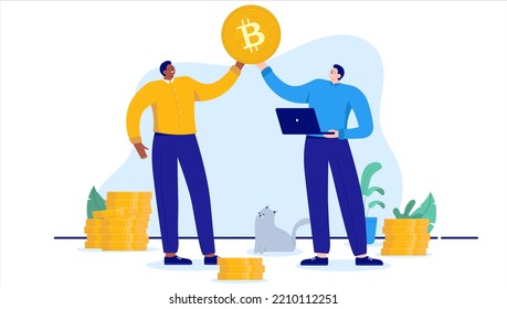 Men holding Bitcoin - Two business people investing in crypto currency holding coin in hand smiling and being happy. Flat design cartoon illustration with white background