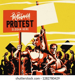 Men holding blank placard with large crowd of people with their hands raised in the air vector illustration. Political protest activism patriotism.