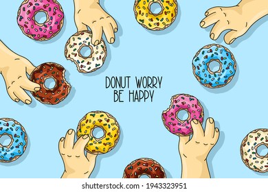 hombres sosteniendo donuts de dibujos animados con rosa, limón, acristalamiento de menta azul, donut de chocolate con fondo azul. ilustración de vector de cierre Inscripción   no te preocupes, sé feliz. Tarjeta de felicitación