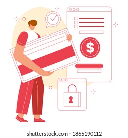 Men holding credit card for secure payment. Shopping online illustration concept. Modern character design.