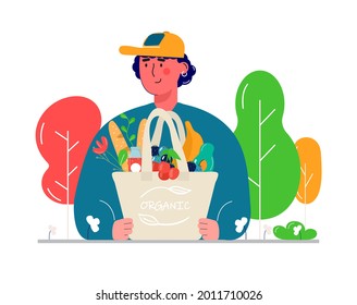 Men holding eco shopping bags with vegetables, fruits and healthy drinks. Dairy food in reusable eco friendly shopper net. Zero waste, plastic free concept. Flat trendy design