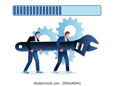 Men holding giant wrench, technical support and repair concept, vector illustration