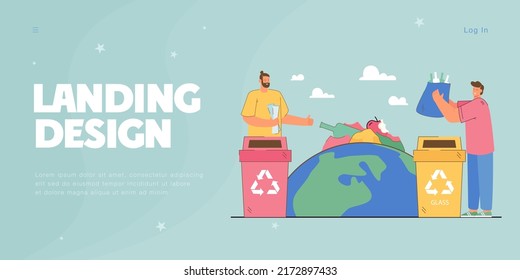 Men holding glass and paper and sorting garbage on polluted planet background. People caring about environment flat vector illustration. Recycling concept for banner, website design, landing web page