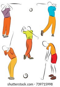 Men are holding a golf club. Set of color vector illustrations on a golf theme.