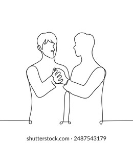 men holding hands as in dance step - one line art vector. concept dance waltz, support. Handmade vector not AI