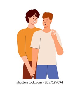 Männer, die Hände halten. Ein Typ umarmte seinen Freund von hinten. Zwei Jungen, die Händchen halten. Ein paar männliche Charaktere. Konzept von Homosexualität und LGBT. Vektorgrafik einzeln auf Weiß