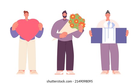 Hombres sosteniendo el corazón, la caja de regalo y el ramo de flores. Felicitaciones a los personajes masculinos, saludos para el cumpleaños, el día de la mujer o las citas románticas. Caricatura vectorial chicos aislados