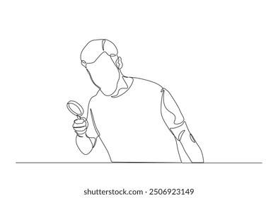 Men holding magnifying glass continuous one line drawing. Man holds magnifying glass single line art illustration. Editable vector.