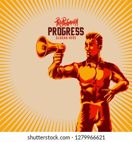 Men holding megaphone propaganda style illustration. Retro revolution poster design.