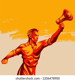 Men holding megaphone vector illustration. Propaganda style. Political protest activism patriotism. Retro revolution poster design.	