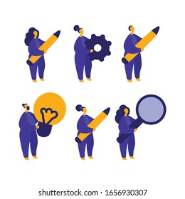 Men holding pen or lightbulb. Women holding pen, gear or magnifier. Set of character holding stationery. Bundle character design for concepts information, solution, analyze, write
