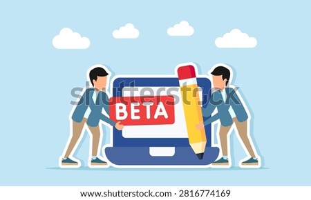 Men holding pencil and beta board near laptop teamwork building beta application programming system illustration