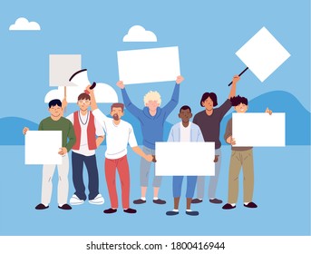 men with holding placards and megaphone at a social protest vector illustration design