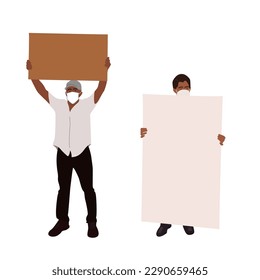 Men holding protest sign poster. Protest, protestor, demonstration, riot, political rally. Flat design for web site, web banner. may day. Concept strike. vector illustration