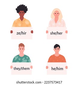 Men holding sign with gender pronouns. She, he, they, ze, non-binary. Gender-neutral movement. LGBTQ community. Hand drawn vector illustration