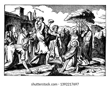 Men holding stones over their heads and preparing to stone a man sitting on knees, he looking up to the sky, other people watching them, vintage line drawing or engraving illustration