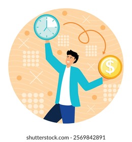 Men holding symbols of time and money, illustrating the connection between managing time effectively and gaining financial success in the areas of economics and personal productivity. 