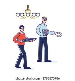 Hombres con servicio de vajilla para servir mesa para la cena de celebración. El concepto de evento de vacaciones, aniversario o cena familiar. Ilustración vectorial lineal