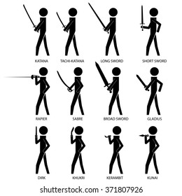men holding various bladed weapon info graphic icon vector sign symbol pictogram
