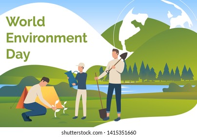 Men holding watering can, spades and planting trees. Eco, ecosystem, world, landscape concept. Presentation slide template. Vector illustration for topics like nature, environment, ecology