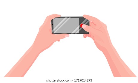 Men holds a smartphone in hands and takes a pictures with phone's camera. First-person view. Isolated on white background, free space for your pictures. Vector illustration. 